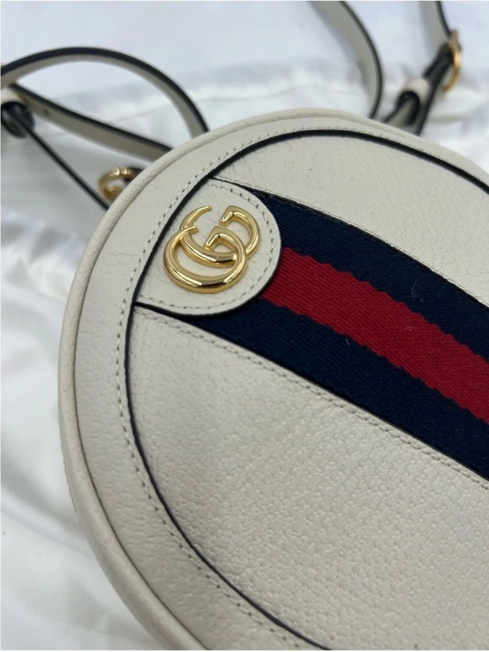 Gucci, Ophidia, mini round backpack featuring iconic gold tone double G logo NWT